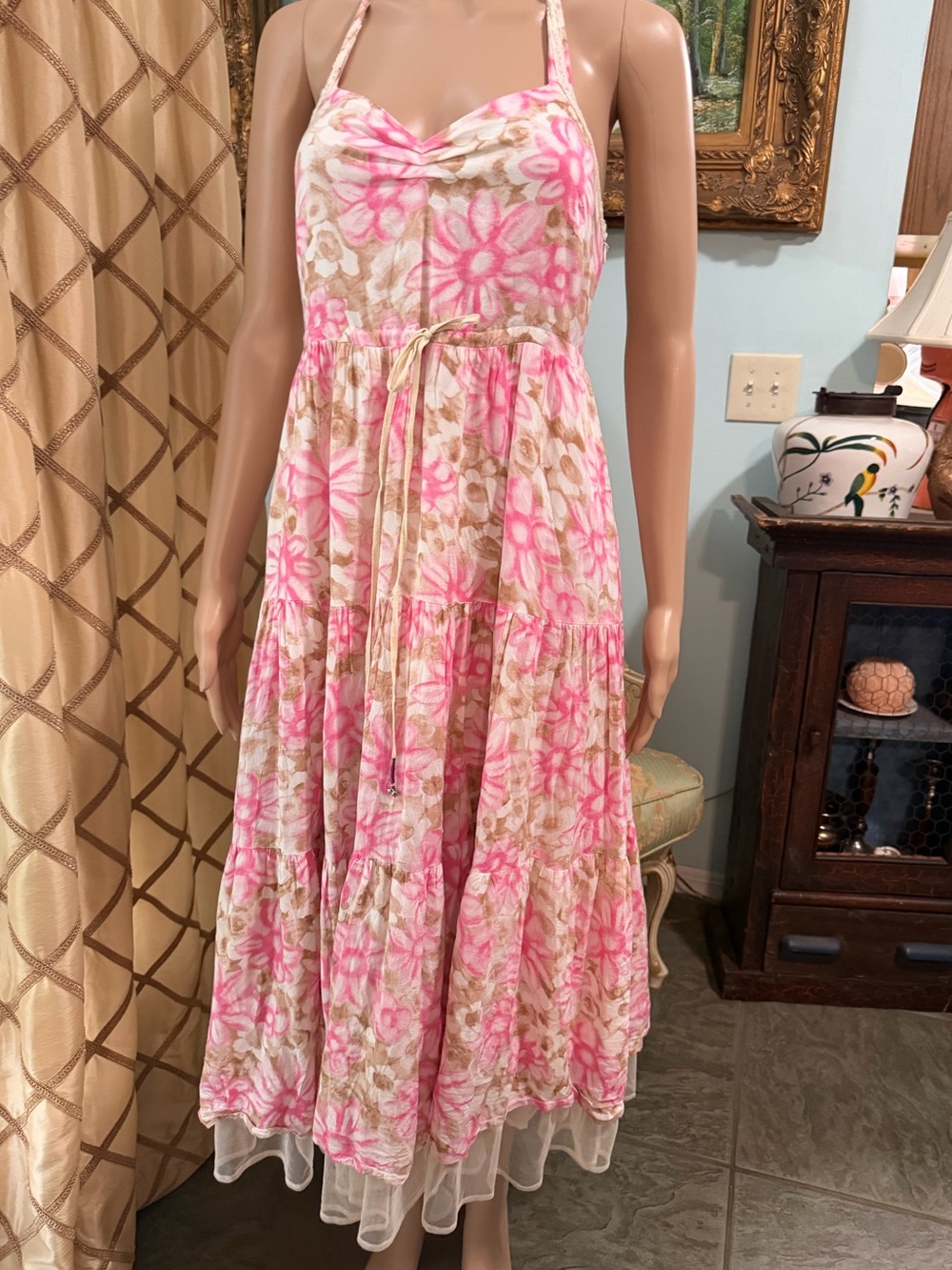 Free People Pink and Cream Floral Halter Midi Dress